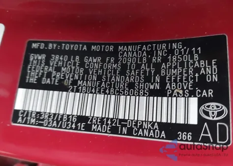 2011 Toyota Corolla Le from USA, damaged, VIN 2T1BU4EE4BC560685